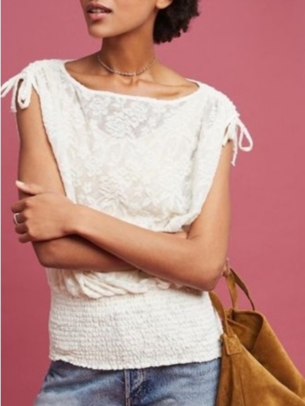 Anthropologie Deletta Loretta Lace Banded Hem Top Medium Cream Boho Smocked Bow